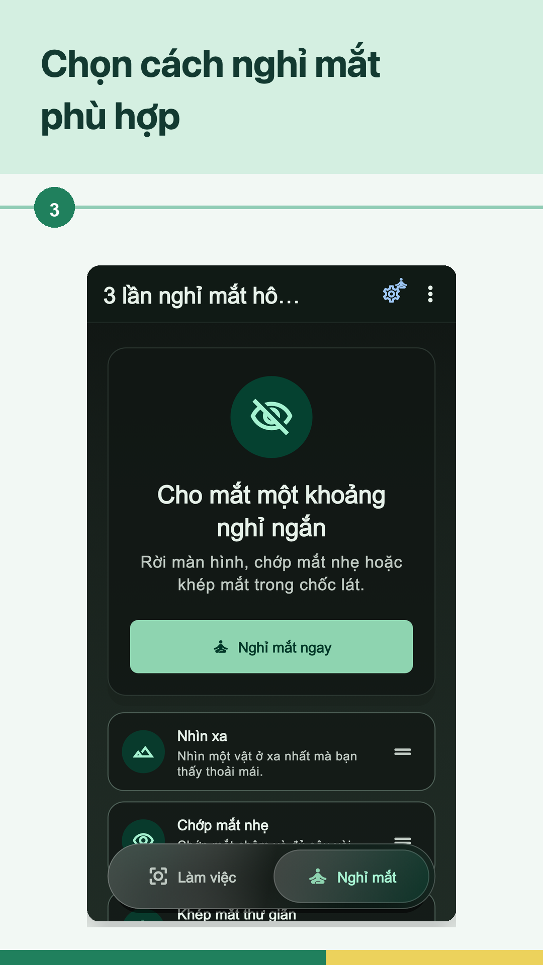 Các lựa chọn bài nghỉ mắt trong Hi Eye