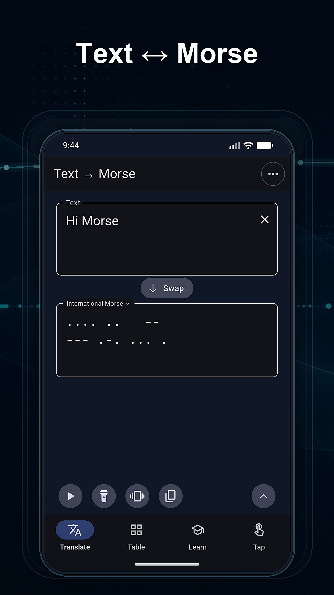 Pantalla de conversión de Hi Morse