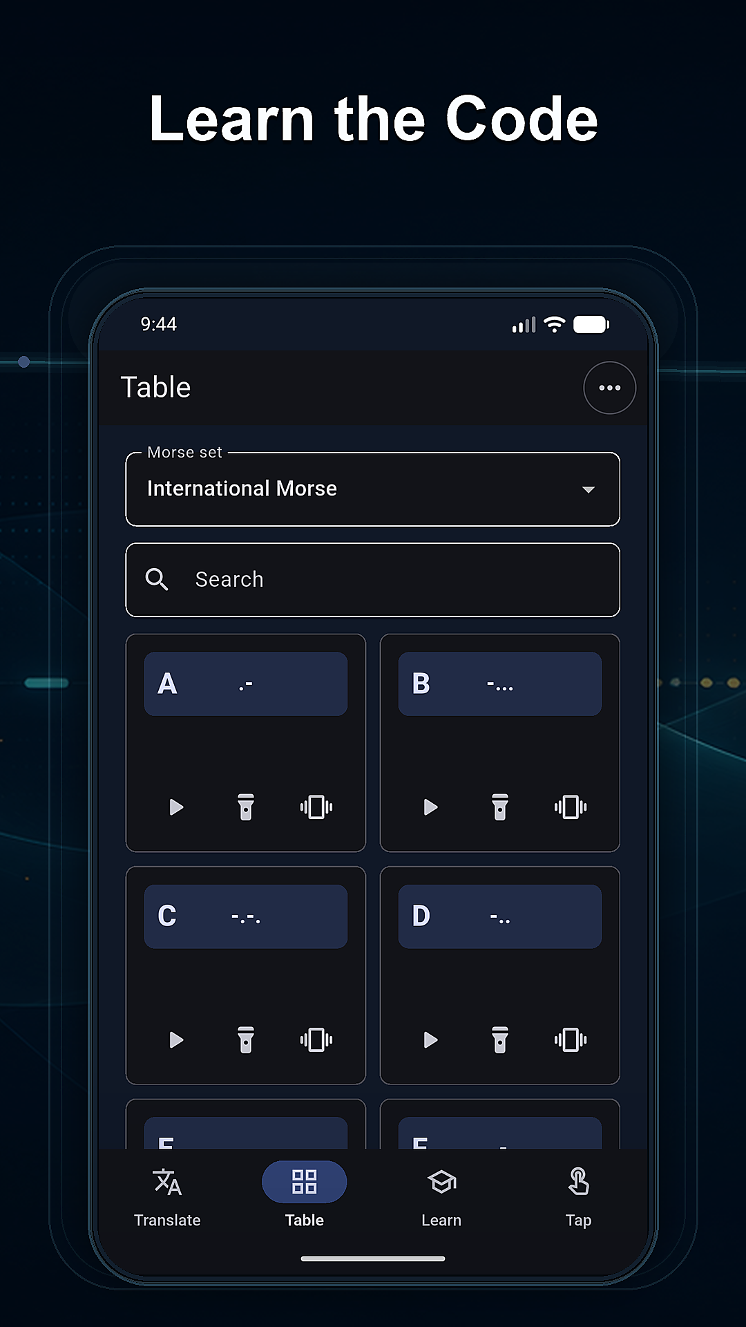 Pantalla de tabla de códigos de Hi Morse